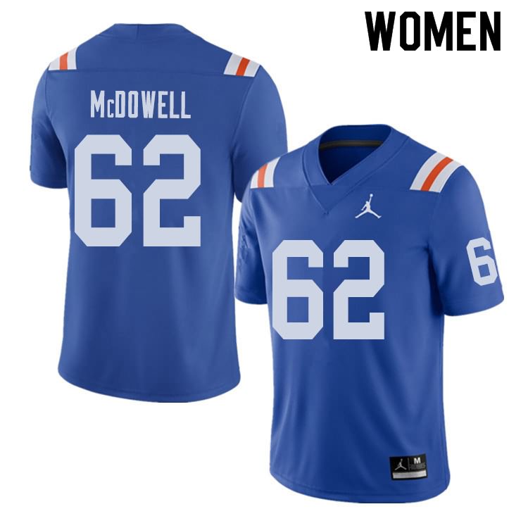 NCAA Florida Gators Griffin McDowell Women's #62 Jordan Brand Alternate Royal Throwback Stitched Authentic College Football Jersey JFV8264FK